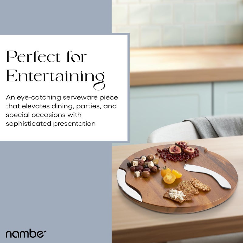 Nambe NambÃ© Cheese Block and Knife Set â€“ Round Acacia Wood Board Featuring Stainless Steel Details, Contemporary Tray with Spreader, Stylish Table Accent for Parties, Gatherings, and Dining - Image 4